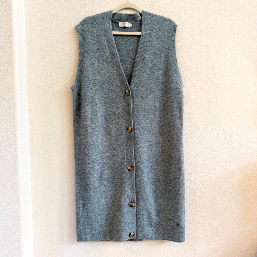 Cream CRMerle Long Slipover Blue Gray Wool Blend Button Front‎ Knit Vest Large